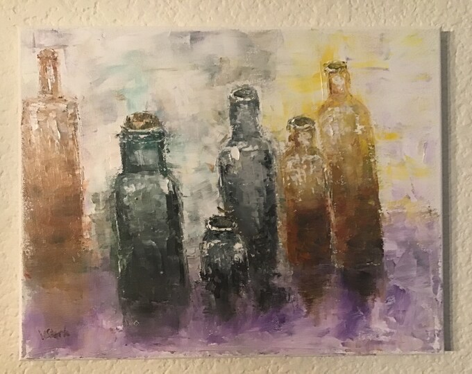 Bottles Abstract Impasto Original Oil Painting  11x14 in