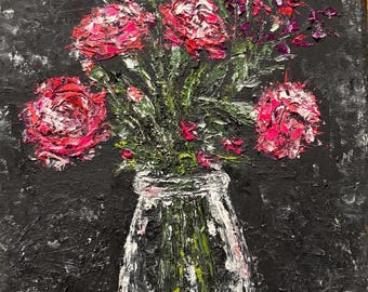 Original Floral Still Life Painting Red Dianthus and Salvias Impressionist Flower Art Black Background Wall Decor 9"x12"