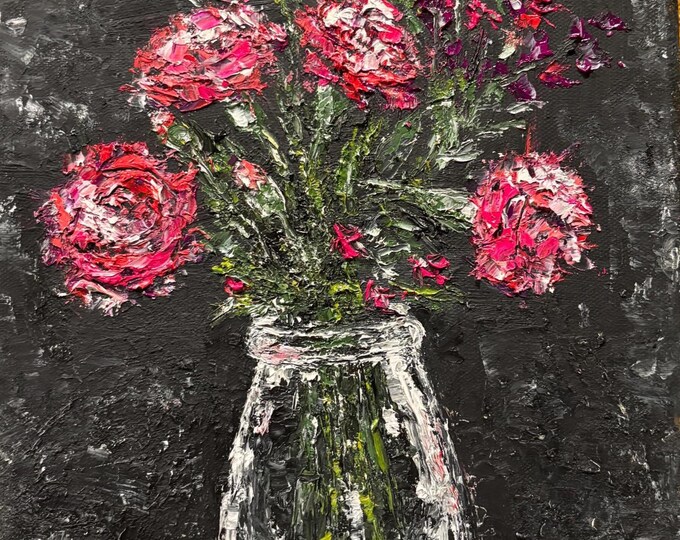 Original Floral Still Life Painting Red Dianthus and Salvias Impressionist Flower Art Black Background Wall Decor 9"x12"