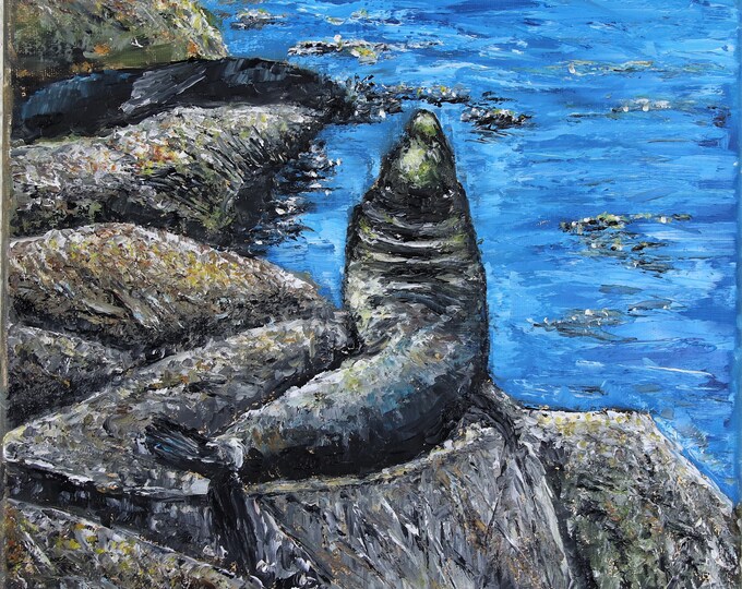 See Lions Monterey California Wild Animals Wall Art Original Oil Painting 12x12 in