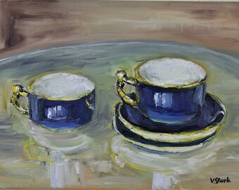 Two Blue Cups Still Life Wall Art Wall Decor Original Oil Painting 9x12 in