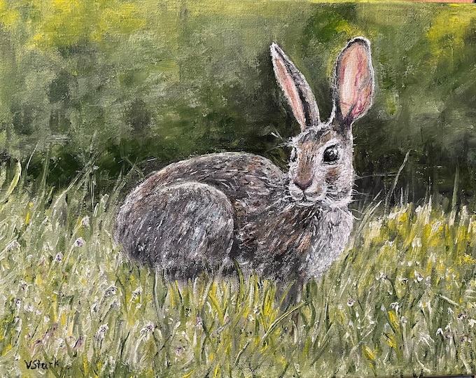 Grey Hare in the Grass Cute Rabbit Wall Art Original Oil Painting 14"x11"
