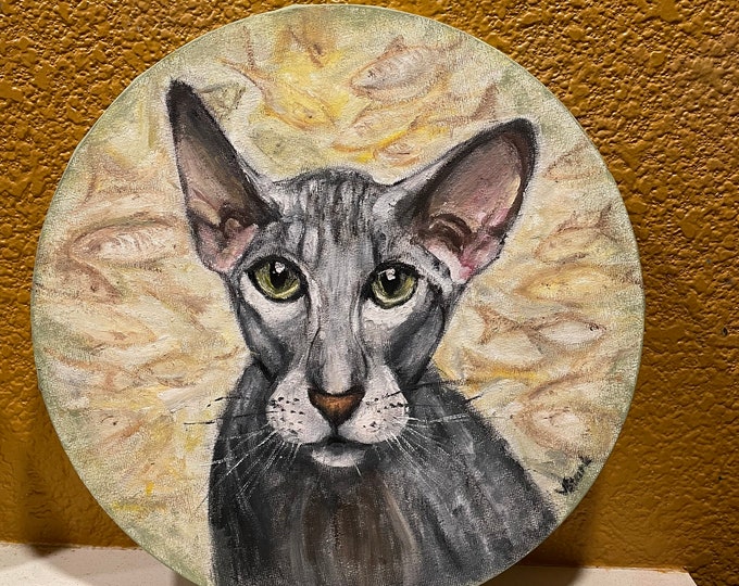 Cornish Rex Cat Round Pet Portrait Wall Art Original Oil Painting 12 in diameter