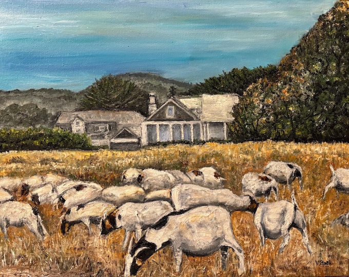 Original Goat Oil Painting, Half Moon Bay California – Grazing Goats Landscape, 20x16, One of a Kind Coastal Art