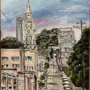 San Francisco Urban Hike Saints Peter and Paul Church Wall Art Original Oil Painting 16X20 in