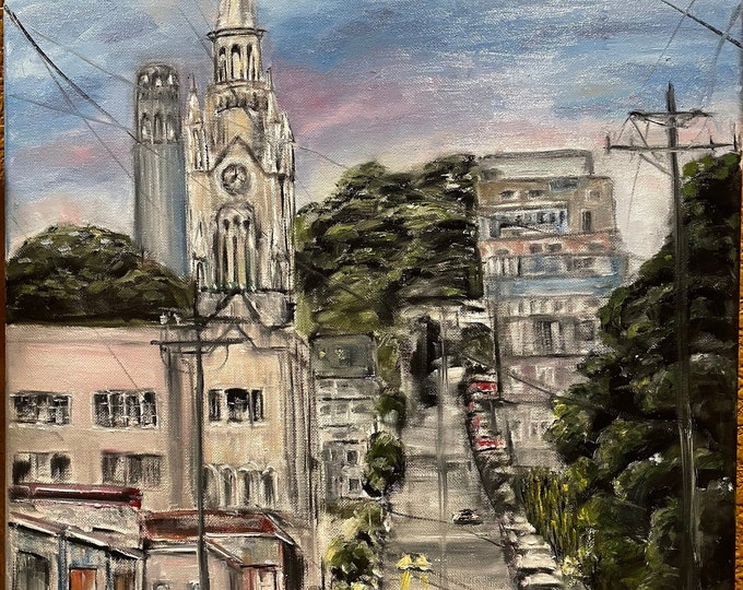 San Francisco Urban Hike Saints Peter and Paul Church Wall Art Original Oil Painting 16X20 in
