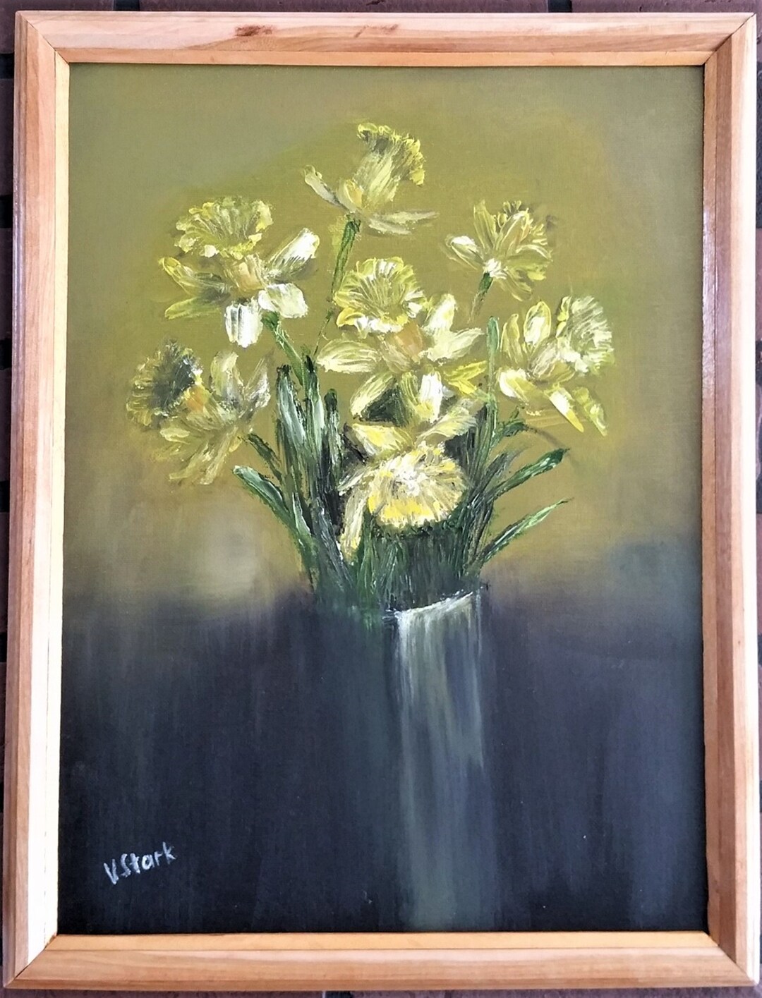 Flowers Yellow Daffodils in Vase Abstract Impasto Framed Original Oil ...