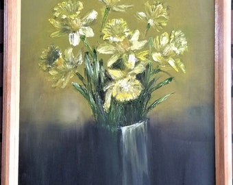 Flowers Yellow Daffodils in Vase Abstract Impasto Framed Original Oil Painting 12 x 16 in