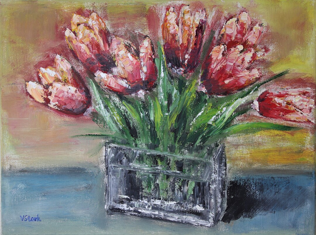 Red Tulips in Vase Impasto Wall Art Wall Décor Original Oil Painting ...
