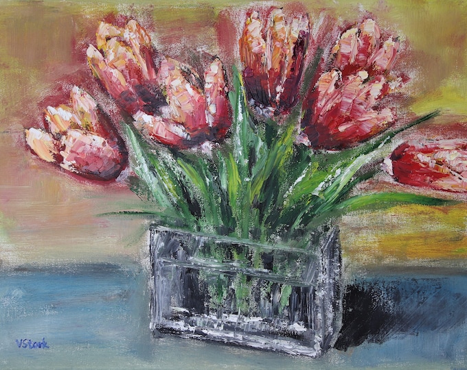 Red Tulips in Vase Impasto Wall Art Wall Décor Original Oil Painting 12x16 in