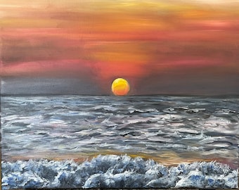 May include: A painting of a sunset over the ocean. The sun is a bright yellow and is setting behind a dark blue sky. The ocean is a dark blue and has white waves.
