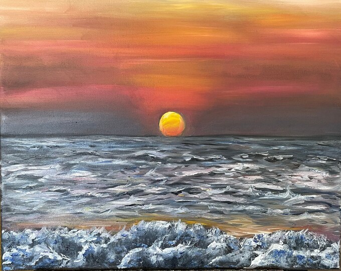 Sunset at the Ocean Wall Art Original Oil Painting 16x20 in