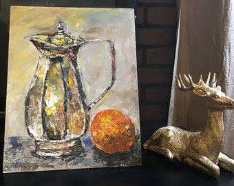 Still Life with Metal Jar and Orange Impasto Original Oil Painting 11 x 14 in