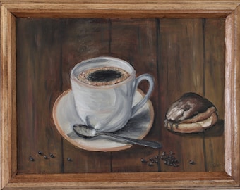 A Cup of Coffee Framed Wall Art Wall Decor Original Oil Painting 12 x 16 in