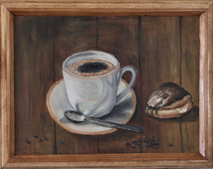 A Cup of Coffee Framed Wall Art Wall Decor Original Oil Painting 12 x 16 in