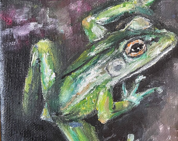 Funny Green Frog Wall Art Original Oil Painting 5 x 7 in