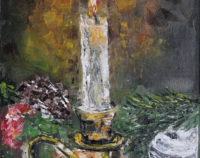 Christmas Candle Wall Art Wall Decor Original Oil Painting 9x12 in