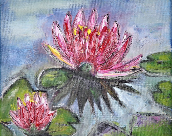 Water Lily Wall Art Wall Decor Impasto Original Oil Painting 8x8 in