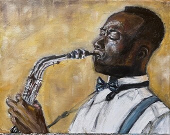 Saxophonist Wall Art Original Oil Painting 14"X11"