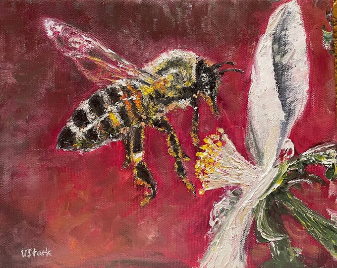 Honeybee and White Flower Wall Art Original Oil Painting 10"x8"