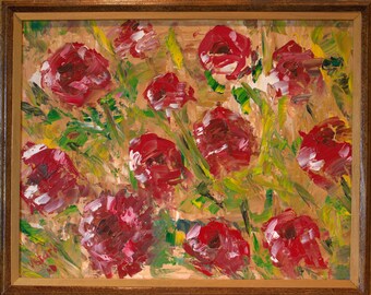 Red Floral Wall Art WallDecor Impasto Original Oil Painting 11 x 14 in