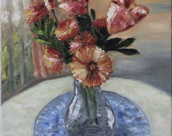 California Poppies and Marigolds in Vase Wall Art Original Oil Painting 12 x 16 in