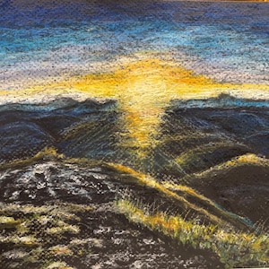 Oil Pastel Mountain Landscape Sunrise Original Drawing Pastel Art 10&quot;X8&quot;