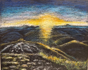 Oil Pastel Mountain Landscape Sunrise Original Drawing Pastel Art 10"X8"
