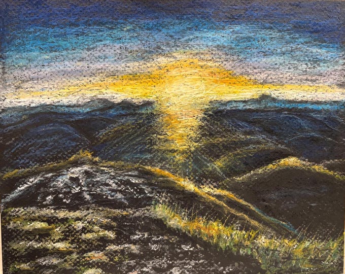 Oil Pastel Mountain Landscape Sunrise Original Drawing Pastel Art 10"X8"