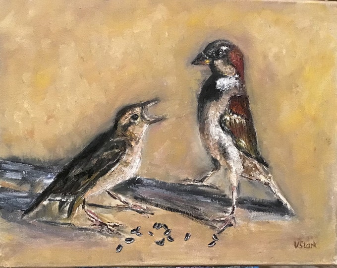 Sparrows Birds Wall Art Original Oil Painting 11 x 14 in