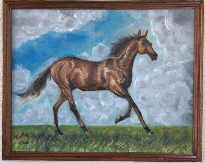 Horse Running Wall Art Framed Original Oil Painting 11 x 14 in