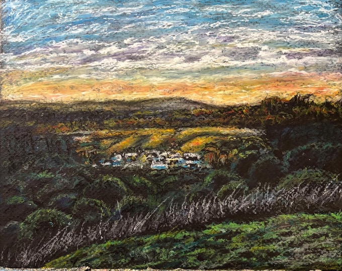 Oil Pastel Landscape El Sobrante Hills California Original Drawing Pastelbord Panel 10"X8"