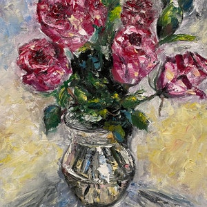 Roses in Vase Impasto Abstract Flower Bouquet Wall Art Original Oil Painting 11 x 14 in