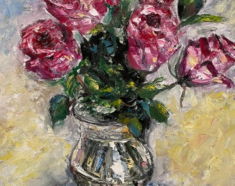 Roses in Vase Impasto Abstract Flower Bouquet Wall Art Original Oil Painting 11 x 14 in