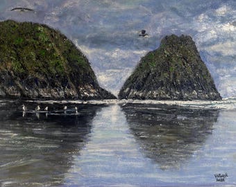 Original Oil Painting - Oregon Coast Seascape, Haystack Rock View 16"x12" Canvas Wall Art