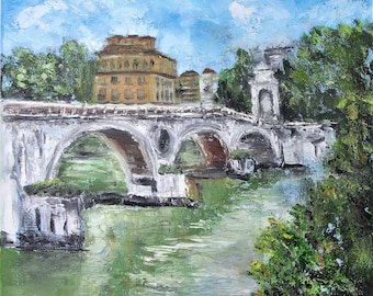 Italy Rome Bridge over Tiber Wall Art Wall Decor Original Oil Painting 12x16 in