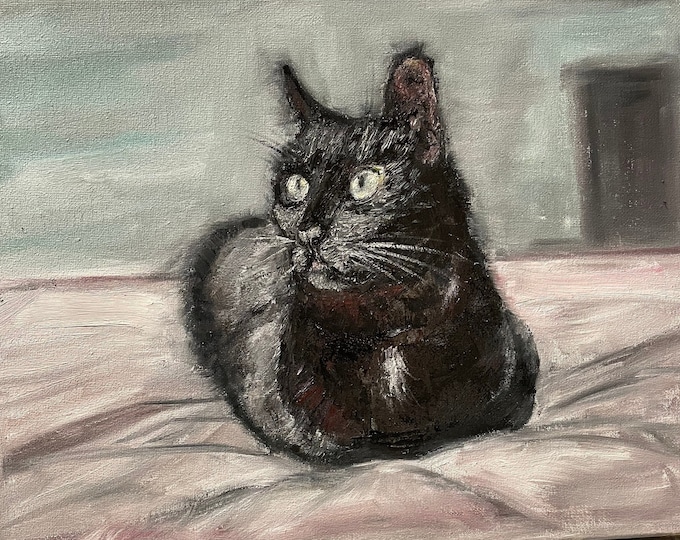 A Black Cat Wall Art Original Oil Painting 11 x 14 in
