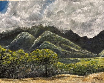 Hawaiian Tranquility A Maui Landscape Hills Trees Valley Clouds Original Oil Painting Wall Art 16" X 12"