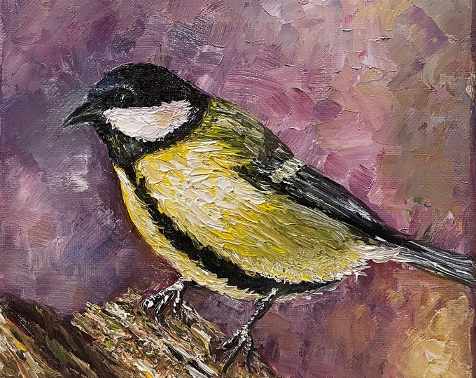 A Great Tit Bird Wall Art Original Oil Painting 8"x8"