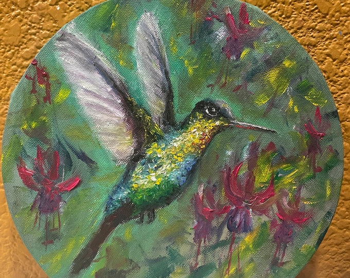 Hummingbird Over Fuchsia Round Wall Art Original Oil Painting 8 in diameter