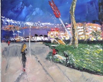 San Francisco Night Embarcadero Road Impasto Wall Art Original Oil Painting 9x12 in