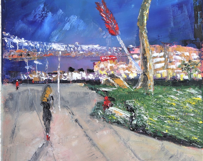 San Francisco Night Embarcadero Road Impasto Wall Art Original Oil Painting 9x12 in