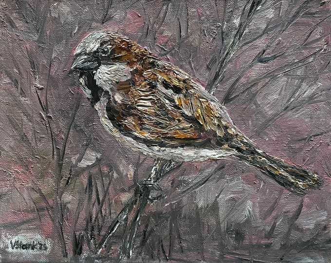 House Sparrow Original Oil Painting Wall Art 8 X 10 in