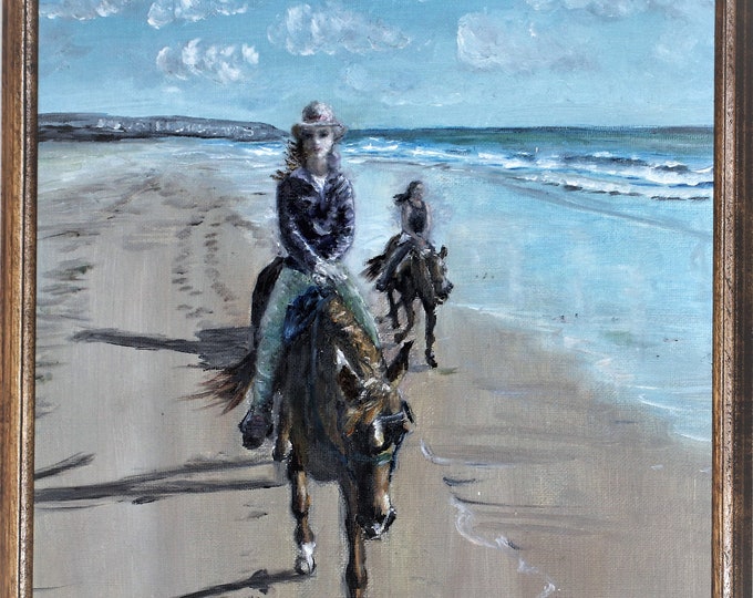 San Diego Beach Horse Ride Framed Wall Art Original Oil Painting 11 x 14 in
