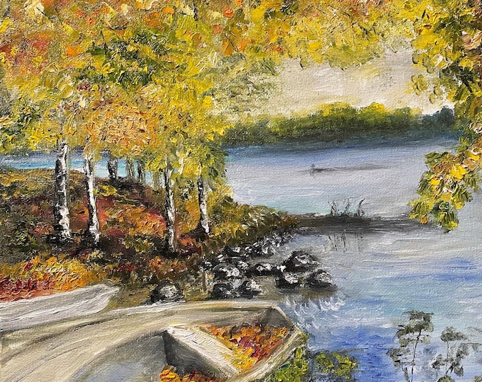 Fall Boat Golden Season Wall Art Original Oil Painting 11" x 14"