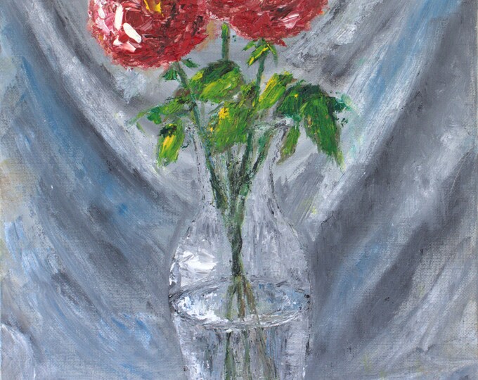 Red Flowers in Vase Wall Art Impasto Original Oil Painting 11 x 14 in