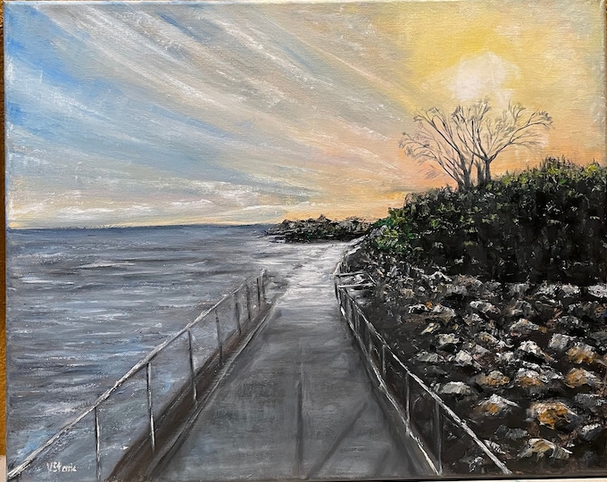 Alameda California Bay Sunset Seascape Wall Art Original Oil Painting 16 x 20 in