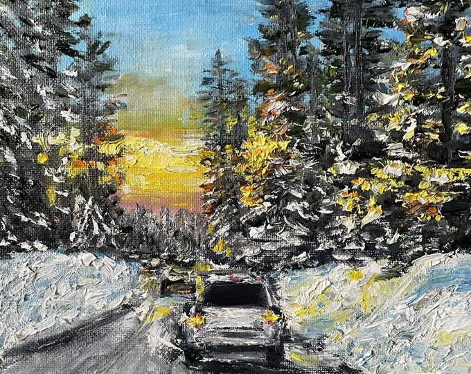 Road Trip in the Snow Northern California Winter Sunset Wall Art Original Oil Painting 8 X 10 in
