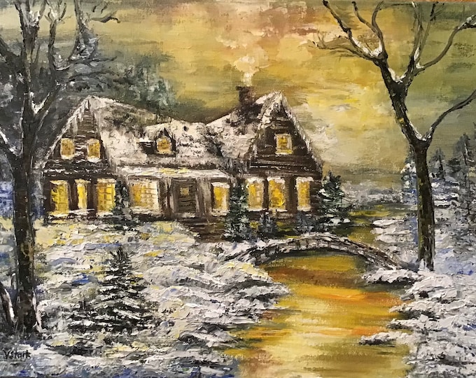 Winter Wonderland Winter House Landscape Wall Decor Wall Art Original Oil Painting 12 x 16 in