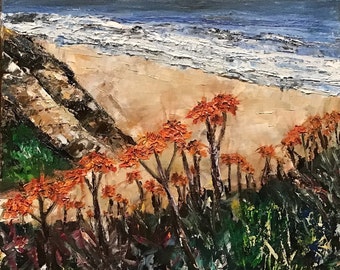 Coastal Flowers Half Moon Bay Seascape Wall Art Impasto Original Oil Painting 12 x 16 in